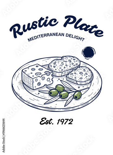 Rustic mediterranean food plate with cheese olives and bruschetta, vintage hand drawn graphic illustration for restaurant menu and t-shirt design