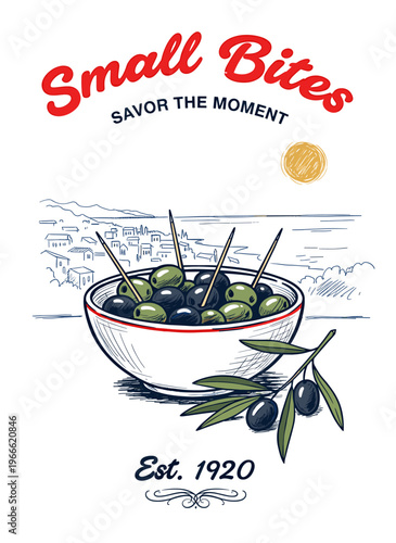 Mediterranean appetizer bowl with green and black olives, vintage hand-drawn sketch style with coastal village landscape for food poster design