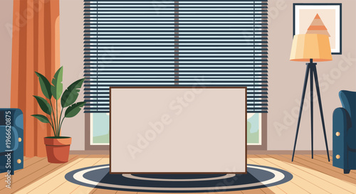 Cozy living room interior design featuring a large blank whiteboard, indoor plant, floor lamp, and a blue sofa on a rug.