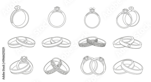 Collection of diverse ring designs, showcasing elegant diamond engagement rings and simple wedding bands in various artistic orientations and styles