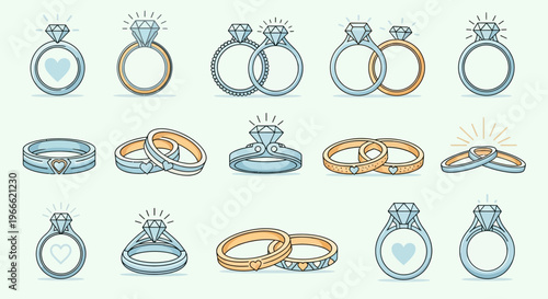 Elegant ring illustrations with diamonds, hearts, and bands, perfect for wedding and engagement themes. Vector art for celebration and romance