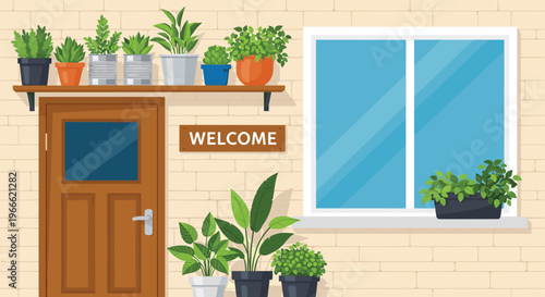 Inviting front entrance of a house featuring a brown wooden door, a welcome sign, and numerous potted plants on shelves.