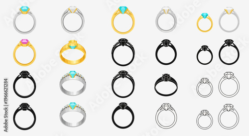 Collection of exquisite diamond rings, showcasing various metals like gold, silver, and platinum, with different gemstone colors on plain backgrounds