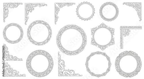 Collection of elegant ornamental frames and decorative corner elements in a classic, intricate style, perfect for graphic design