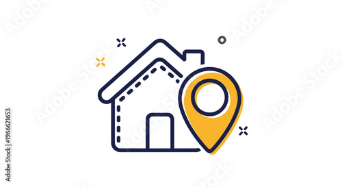 Stylized icon of a house with a yellow location pin marker representing real estate address or home finding services.