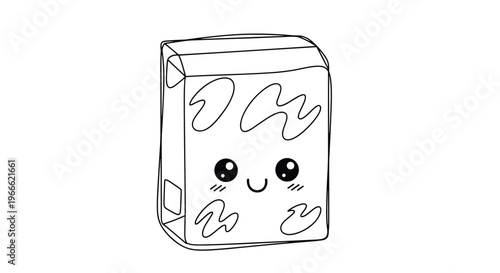 Cute kawaii style line drawing of a juice or milk carton character with a happy smiling face and small heart accents.