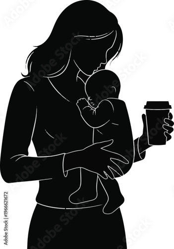 Modern mother silhouette holding baby and carrying a coffee cup representing multitasking parenthood.