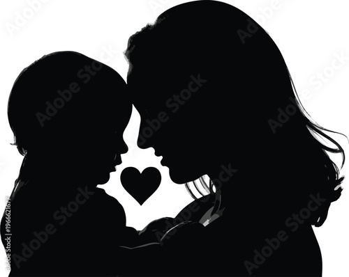 Silhouette of mother and baby facing each other with heart symbol representing maternal love and family bond.