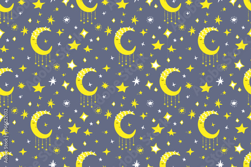 Childrens cute seamless pattern. Fun mood, environment. Crescent moon in starry night sky. Dream, fantasy. For textiles, packaging, wallpapers, backgrounds or websites. Cartoon vector design.
