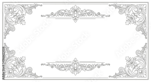 Elegant vintage ornate border and corner decorations, classic scrollwork with floral motifs in a white background, perfect for invitations, frames, and decorative elements