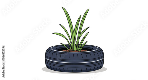 Eco-friendly gardening idea showing green leafy plants growing inside a recycled black rubber car tire used as a planter.