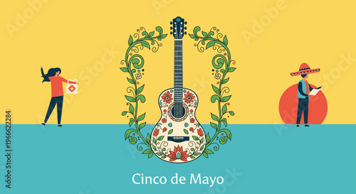 Festive Cinco de Mayo illustration showing a decorated guitar, a woman with shopping bags, and a man in a sombrero.
