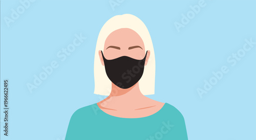 Simple portrait illustration of a blonde woman wearing a protective black cloth face mask against a light blue background.