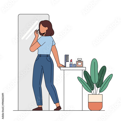 Woman Applying Makeup in Mirror, Morning Routine, Beauty and Personal Care Illustration