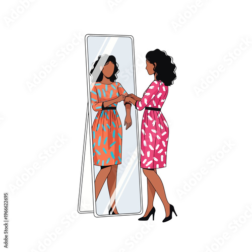 Woman admiring herself in mirror, trying on colorful dresses, fashion choice concept