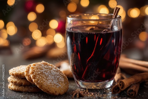 Warm spiced beverage with cookies and cinnamon sticks, festive bokeh background