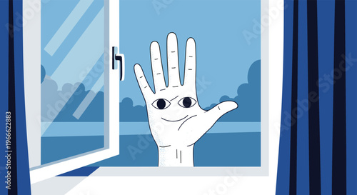 Whimsical illustration of a white hand with a smiling face and eyes waving from an open window during nighttime hours.