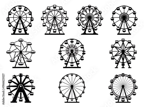 Various set of ten unique black ferris wheel silhouette icons isolated on plain white background, concept for amusement park branding, carnival event promotion and fairground logo design