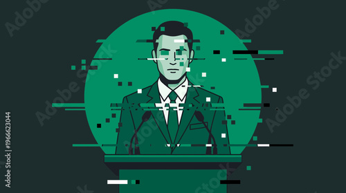 Professional male politician giving speech on podium with digital pixel glitch effect on green background, concept for cyber security, fake news and digital data corruption