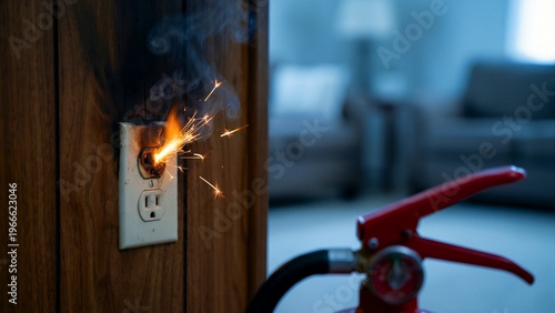 Dangerous electrical outlet malfunction showing bright orange sparks and smoke near a conveniently placed red fire extinguisher in a dimly lit room setting.