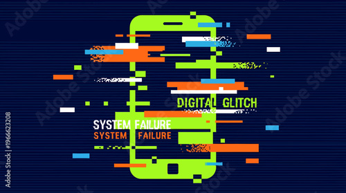Stylized green smartphone icon with digital glitch effects and distorted system failure text on dark background, concept for cyber security alert, mobile software error and data corruption warning