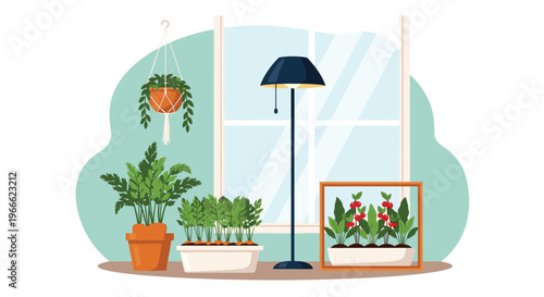 Lush indoor gardening scene featuring various plants in pots, hanging planters, and a small greenhouse box near a window.