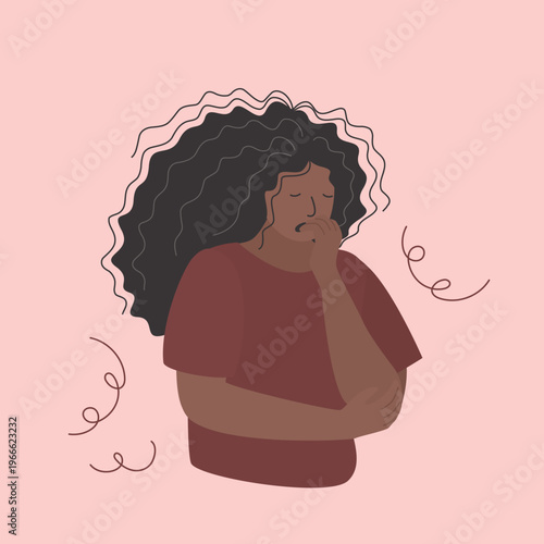 Nervous woman with phobia bites nails after learning about upcoming problems or obstacles. Girl experiences stress and phobia reading news with crisis or epidemic forecast.