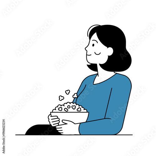Woman holding a bowl of popcorn, enjoying a snack, minimalist illustration