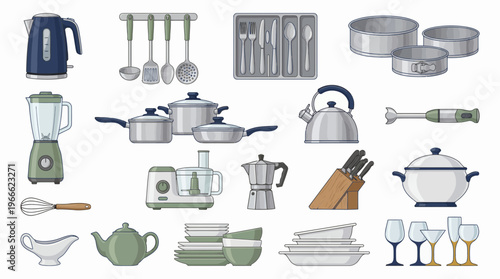 Collection of modern kitchen appliances, cookware and dining utensils set isolated on white background, concept for culinary blog design, household equipment catalog and restaurant branding