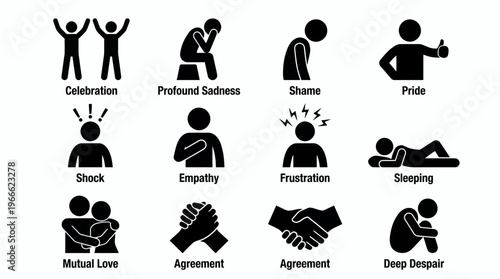 Vector stick figure icons depicting business manager emotions and social interactions on white background, concept for mental health awareness corporate training and employee psychology