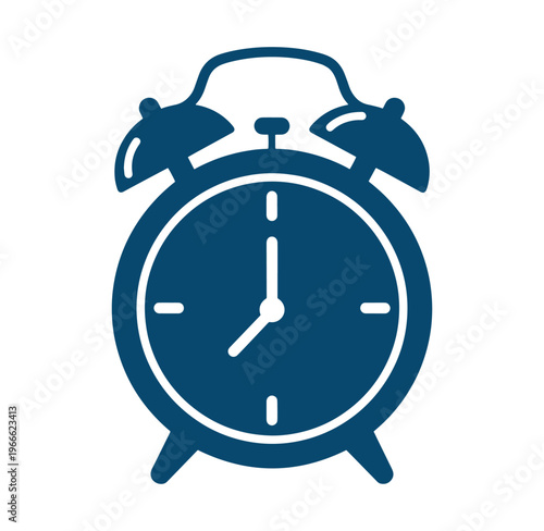 A blue alarm clock icon with white details on white background