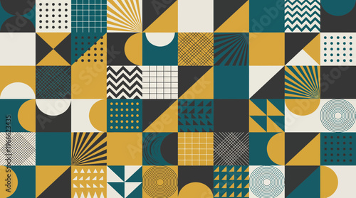 abstract seamless geometric pattern with minimalist squares triangles and circles in teal mustard yellow and black colors, concept for modern background, brand identity and decorative wallpaper