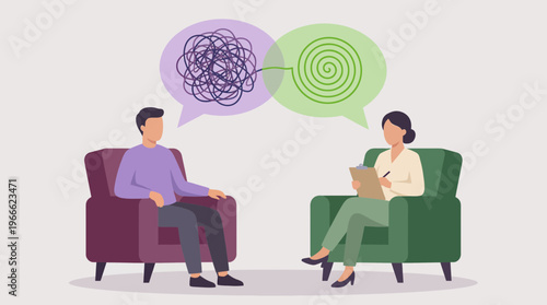 Female career coach listening to marketing manager with tangled thoughts in speech bubbles, concept for mental health at work, employee assistance program and professional stress management