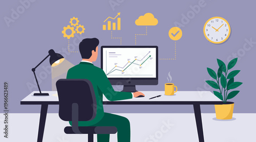 Financial analyst sitting at desk analyzing growth charts on computer monitor in professional office, concept for business performance tracking, data visualization and strategy development