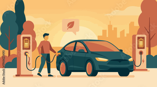 Sustainability manager charging modern electric vehicle at public station during sunset with city background, concept for renewable energy promotion, green transport and eco business advocacy