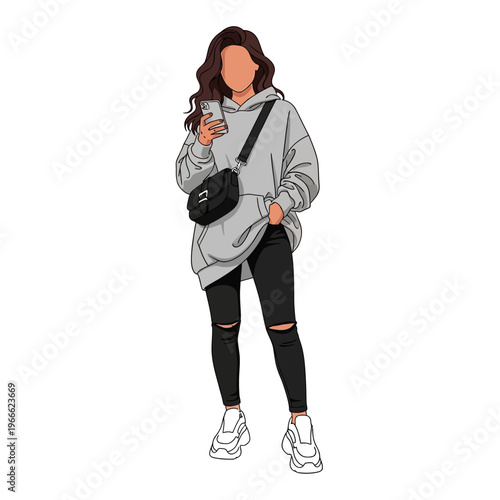 Woman in grey hoodie, ripped jeans, sneakers, and crossbody bag holding smartphone.