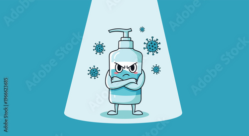 Hand sanitizer character standing proudly under a bright spotlight while surrounded by green virus molecules on blue background.