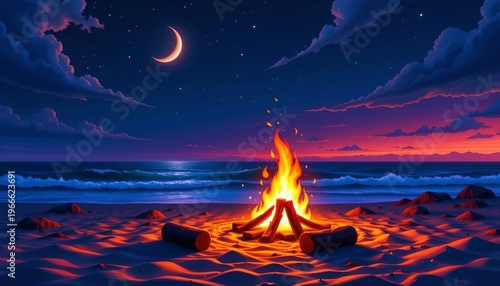 Beachside Bonfire Under Starry Sky