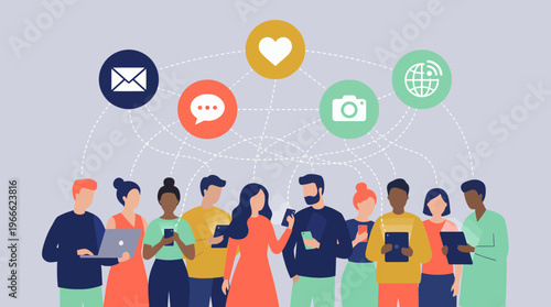 Diverse professional group of office managers and creative designers using mobile devices with social media icons, concept for global networking, digital marketing and corporate communication