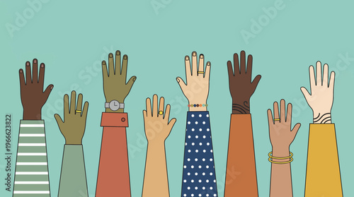 Diverse professional coworkers raising hands with various skin tones and business sleeves on teal background, concept for inclusive recruitment, corporate teamwork and career management