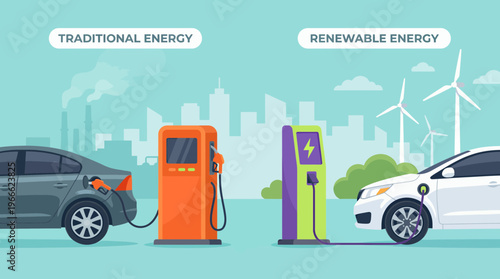 Flat vector illustration comparing a traditional gasoline car at a gas pump with a modern electric vehicle at a charging station, concept for ecological awareness, energy transition and eco mobility