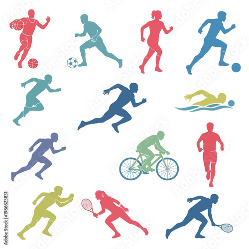 Diverse Sports Silhouettes: Basketball, Soccer, Running, Swimming, Cycling, Tennis
