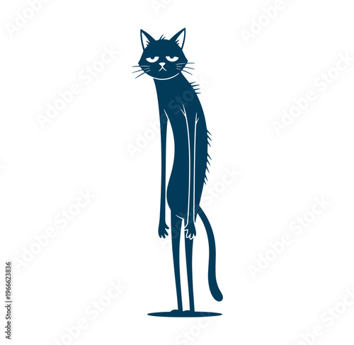 a tall and slender cartoon cat with a grumpy expression standing on a white surface