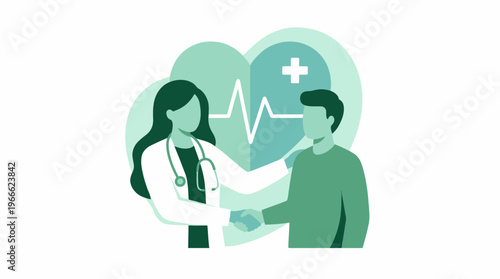 Professional cardiologist consultant shaking hands with male patient against a heart pulse background, concept for medical consultation, healthcare insurance and cardiology clinic marketing