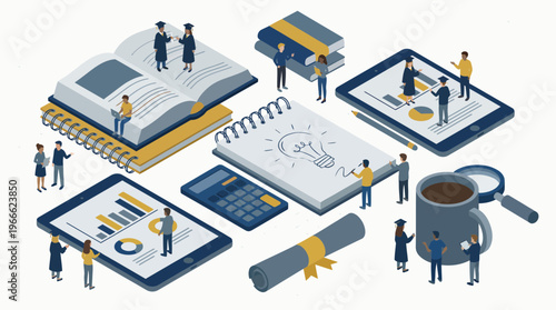 Isometric academic advisors and analysts working with tablets, books and lightbulb sketches on white background, concept for online education, career strategy and corporate training
