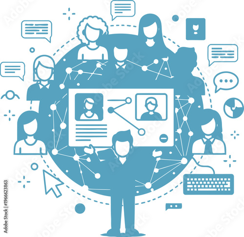 Modern illustration of virtual communication and remote collaboration through digital tools