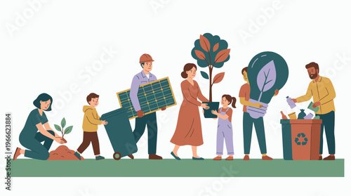 People including solar engineer and volunteers practicing recycling and planting trees on white background, concept for sustainability, environmental awareness and green corporate identity