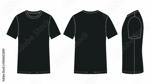 Black t-shirt technical mockup showing front back and side views on a white background, concept for clothing brand design, apparel product presentation and fashion merchandise marketing