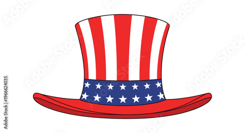 Classic Uncle Sam top hat with red and white vertical stripes and a blue band with white stars for American patriotic holidays.