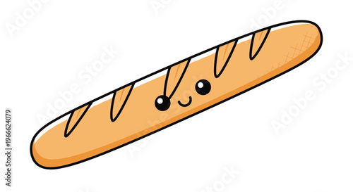 Cute kawaii French baguette bread character with a happy smiling face and golden crust isolated on a plain white background.